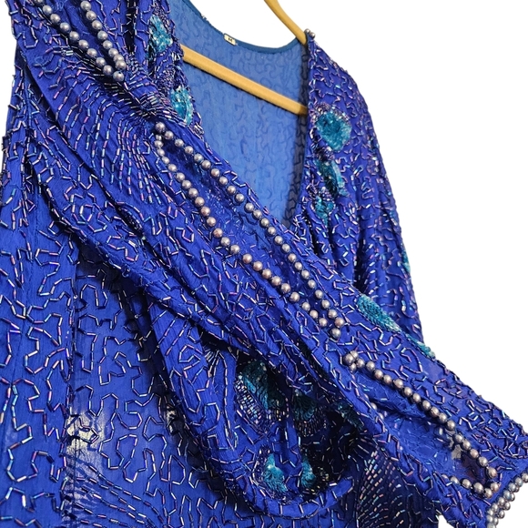 Vintage Royal Blue Beaded Sequin Dress Handkerchief Hem Evening Gown Medium - Picture 3 of 7